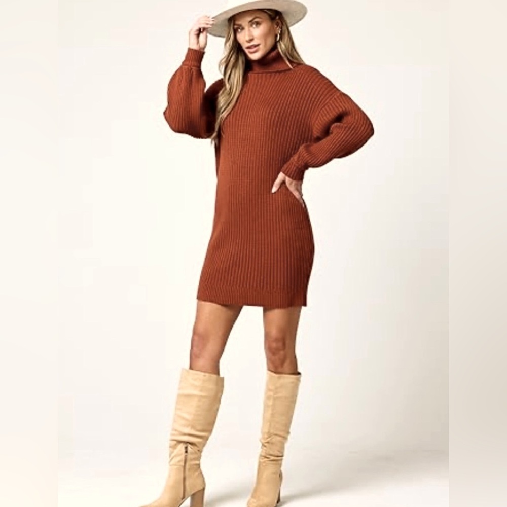 Up West Cozy Brown / Burnt Orange Oversized Long Sleeve Knit Sweater Dress
